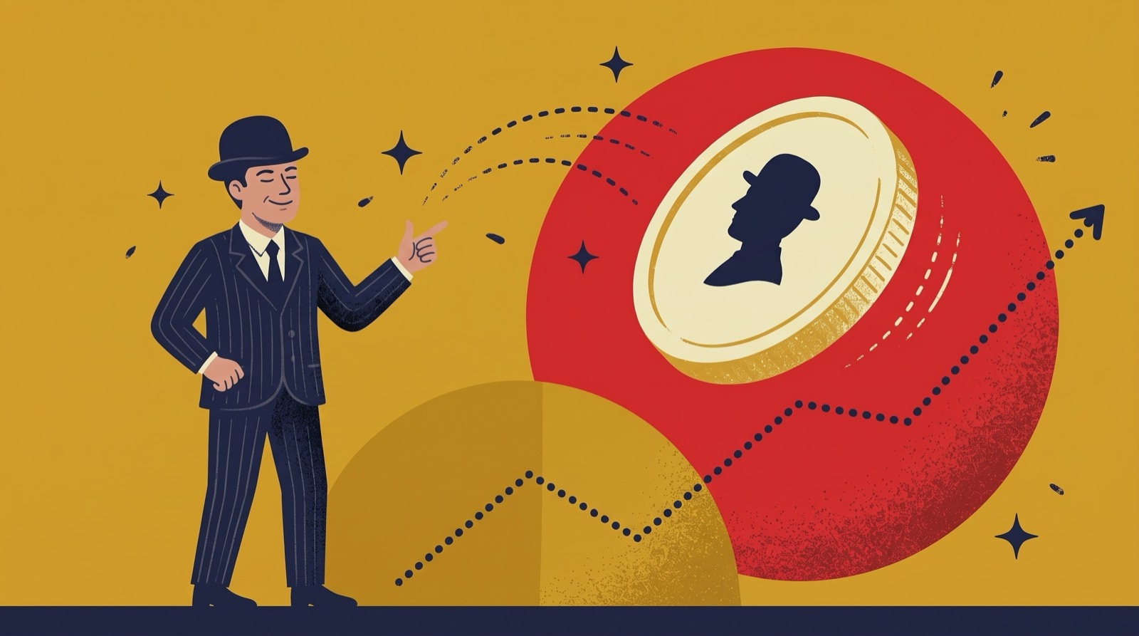 A gentleman in a bowler hat points at a giant coin flipping through the air
