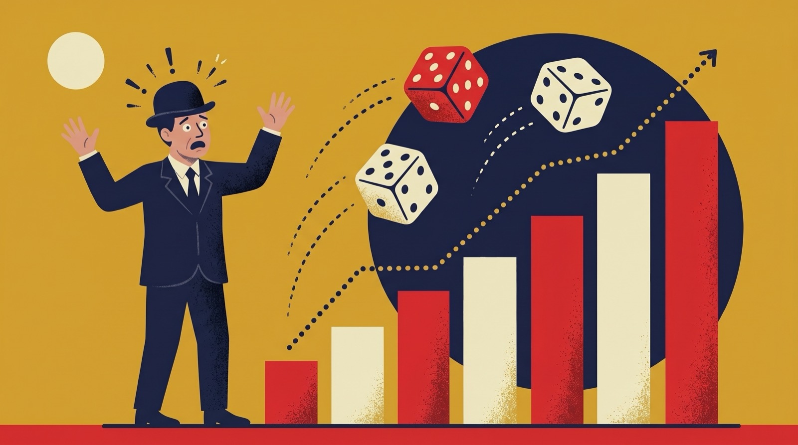 A worried gentleman watches giant dice tumble over a rising bar chart